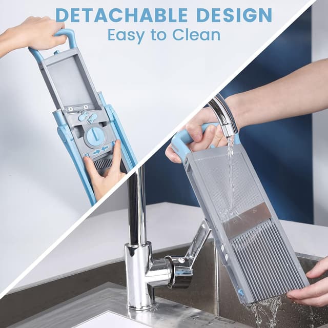 Detalle de SupMaKin Upgrade Safe Mandoline Slicer Plus (Blue) — Adjustable Vegetable Slicer & Chopper