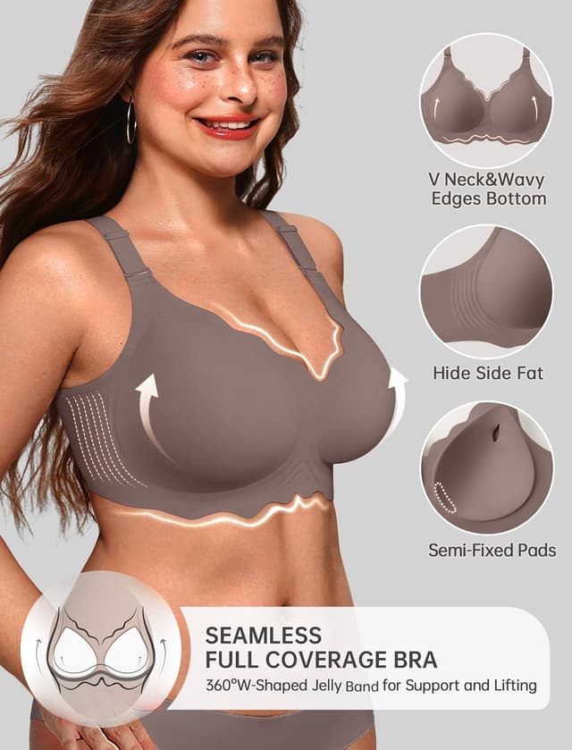 Detalle de OEAK Women Jelly Bra: No-Wire Scalloped Push Up T-Shirt Bra (Seamless, Convertible Straps)
