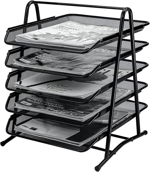 Detalle de HIHOBDAY 5-Tier Sliding Paper Organiser (Mesh Letter Tray) for A4 Desk Storage