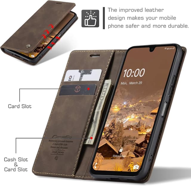 Detalle 2 de Cracedily wallet flip leather case for Samsung Galaxy A16 5G (Coffee) with card slots and magnetic closure