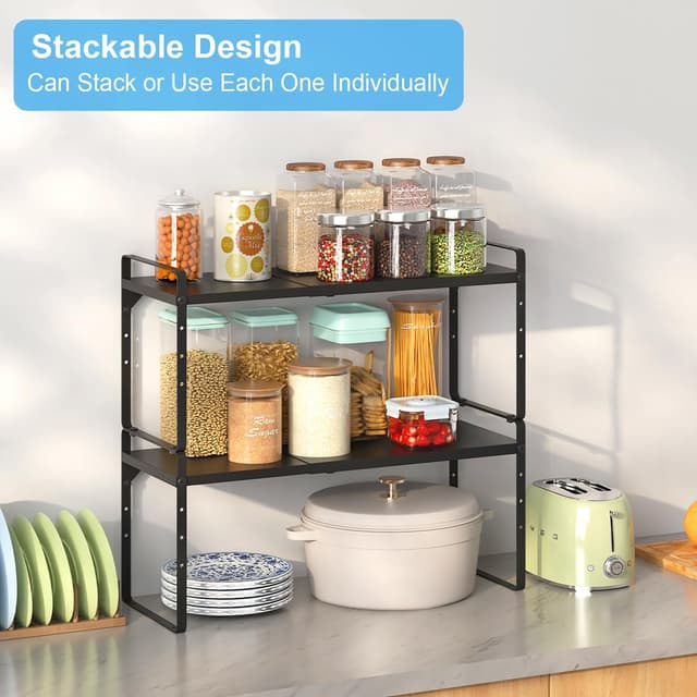 Detalle de 15.5–25.5 Inch Adjustable Kitchen Cabinet Shelf Organizers (Set of 3) — Expandable, Stackable Countertop Storage Shelves, 30LBS Heavy Duty