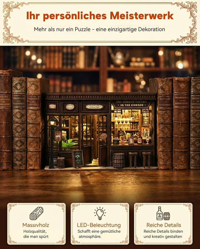 Detalle 2 de Book Nook Kit Taverne – 3D Holzpuzzle mit LED-Licht, DIY Miniatur-Haus & Werkzeug-Set (ab 14)