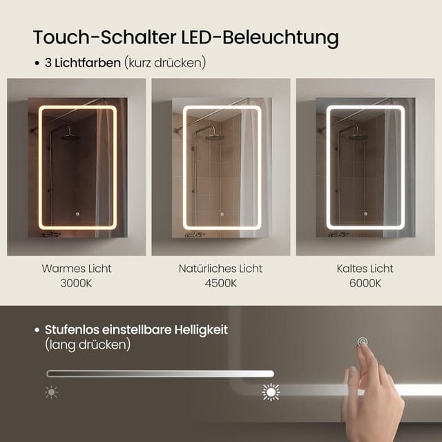 Detalle de EUGAD Spiegelschrank für kleine Badezimmer mit 1 Spiegeltür, 3 Farbtemperaturen & Steckdosen (50 x 70 x 14,5 cm) – Weiß