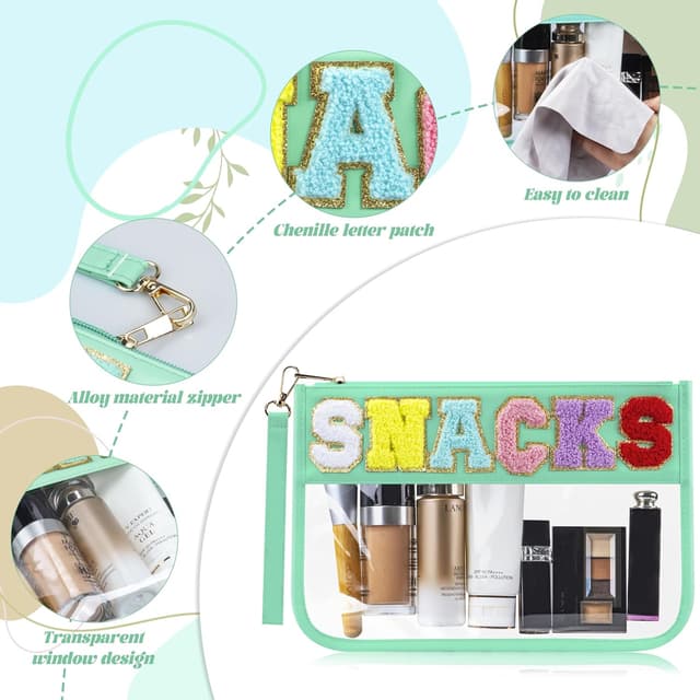 Detalle de BuyCard travel snack bag with chenille letter patch – preppy waterproof zip pouch (minty green)