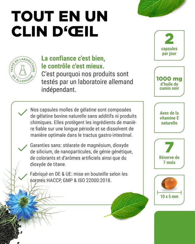 Detalle 2 de Huile de Cumin Noir (Nigella sativa) – 420 capsules – 1000 mg par portion Journalière