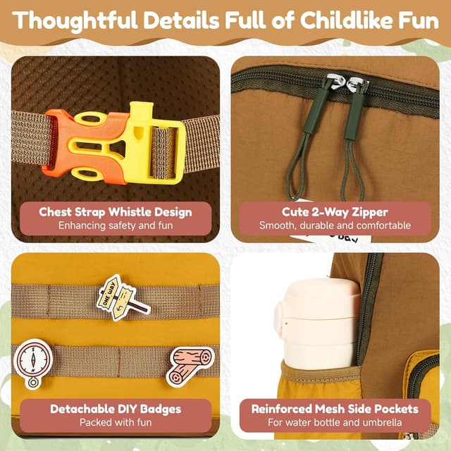 Detalle de PROTAURI sac à dos enfant maternelle avec sangle de poitrine et bandes réfléchissantes (kaki, 3–7 ans)