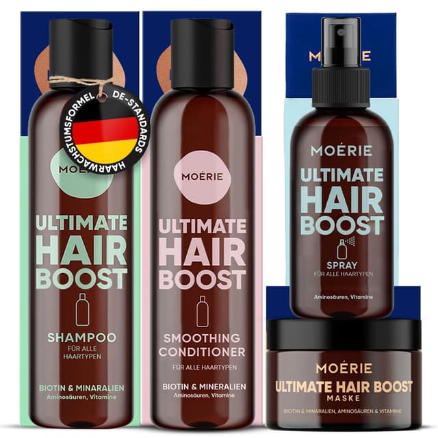 Detalle de MOERIE Shampoo Set gegen Haarausfall – Conditioner, Haarwachstums-Serum & Haarmaske (4er-Set)