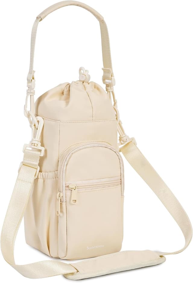 Detalle de Sportsnew insulated water bottle carrier sling bag with phone pocket, 1L capacity, pure beige