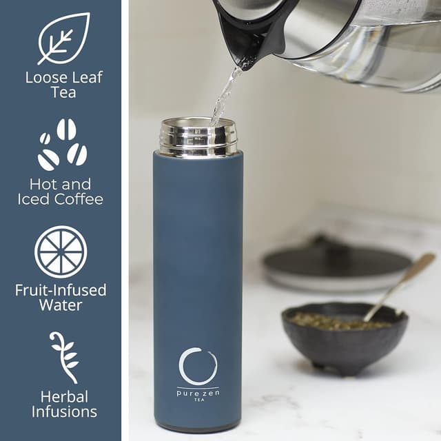 Detalle de Pure Zen Tea Thermos with Infuser (Leakproof Travel Mug, Stainless Steel, 15oz) – Blue