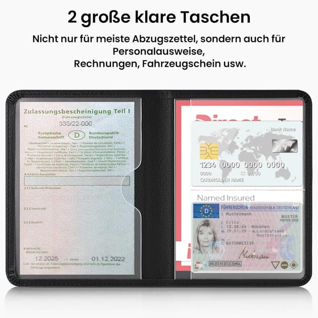 Detalle 2 de RSAquar Fahrzeugschein- & Versicherungsmappe Hülle aus PU-Leder für das Handschuhfach (Schwarz) – kompakte Auto-Dokumententasche