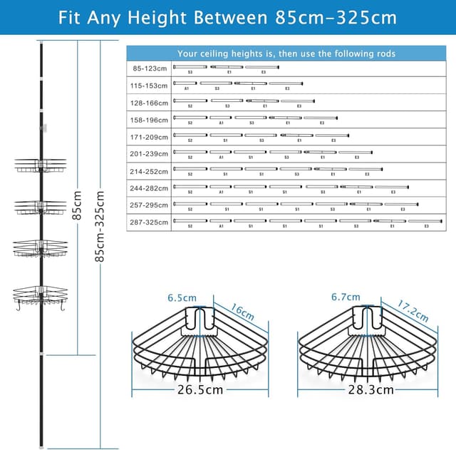 Detalle de KAIMEIYU étagère de douche télescopique sans perçage, noir (85 à 325 cm) avec 4 paniers