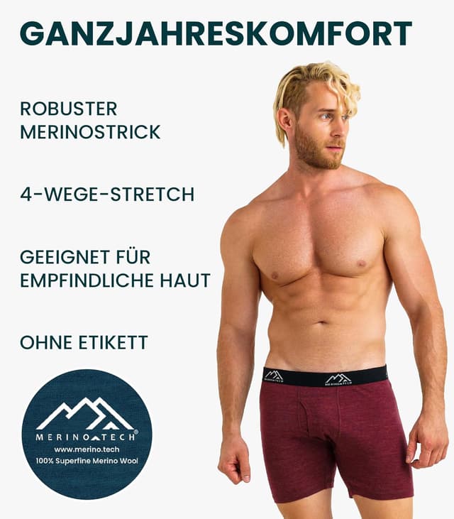 Detalle de Merino.tech Herren-Boxershorts aus 100% Merinowolle – atmungsaktiv, geruchsarm & feuchtigkeitsableitend