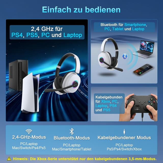 Detalle de Gaming Headset für PS5/PS4, Xbox, PC, Switch & Mac mit Bluetooth 6.0, ENC & Sofort-Stummschaltung