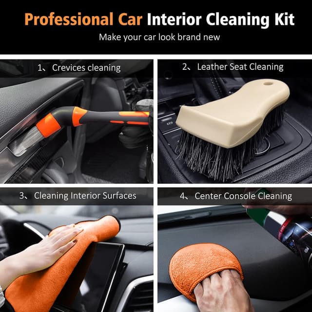 Detalle de YeewayVeh 7PCS Car Interior Detailing Kit (Orange) – soft, scratch-free brushes, applicator pads & microfiber cloth