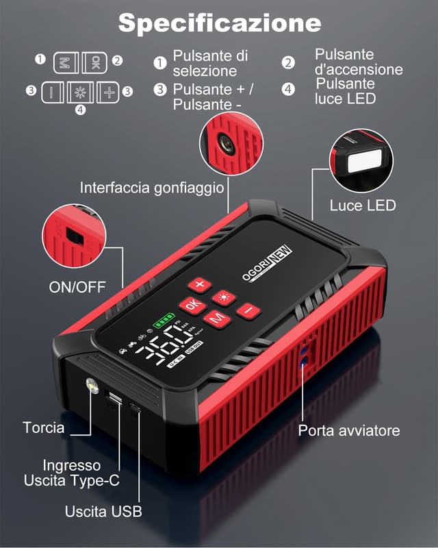 Thumbnail 6 de OGORI NEW Booster Avviamento Auto con Compressore e Torcia LED da 12V (7000A)