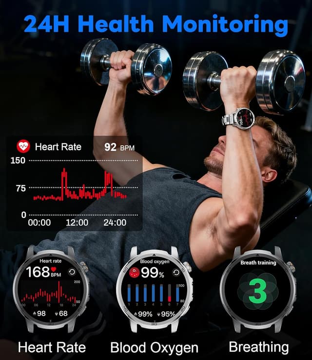 Thumbnail 6 de Montre connectée homme 1,85" avec appels Bluetooth, cardio et sommeil, étanchéité IP68, torche LED 1000 mAh