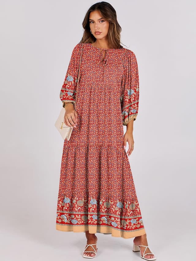 Detalle 2 de ANRABESS Boho Maxi Dress: Floral V-Neck Flowing Swing 🌺