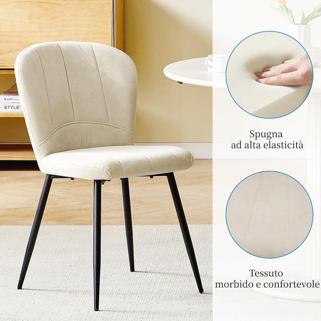 Detalle 2 de Set di 6 sedie ANVOFONG imbottite per sala da pranzo Beige con schienale in tessuto e gambe in metallo nero
