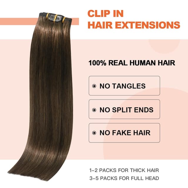 Detalle de UGOTRAYS Medium Brown Clip-In Hair Extensions (Real Human Hair), 7pcs/70g, 18-inch