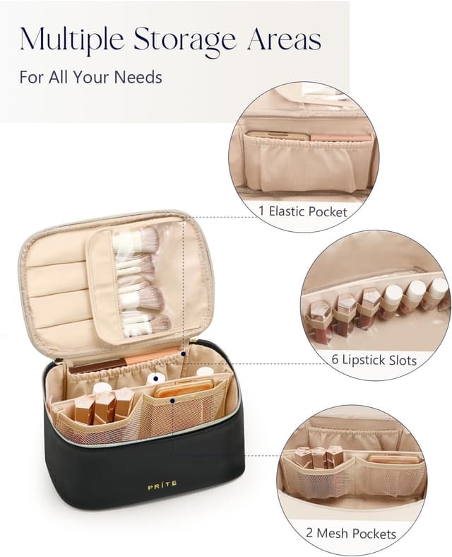 Detalle de Prite große Kosmetiktasche für Damen (24 x 16,5 x 12 cm) mit Griff und abnehmbarem Trenner – schwarz