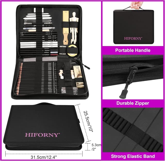 Detalle de HIFORNY Set da Disegno 70 Pezzi con Libro a 3 Colori: matite e strumenti per schizzi, ombreggiature e miscelazione