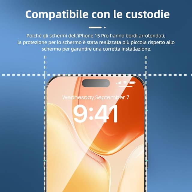Detalle 2 de NEW’C 3 Pezzi pellicola protettiva schermo intero per iPhone 15 Pro 6,1” (installazione automatica, vetro temperato)