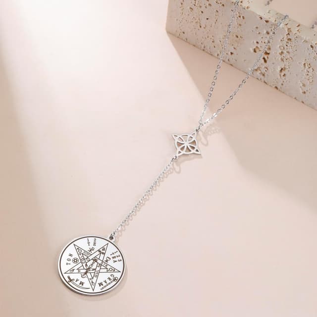 Detalle de VASSAGO Hexenknoten-Halskette aus Edelstahl mit Tetragrammaton & Pentagramm