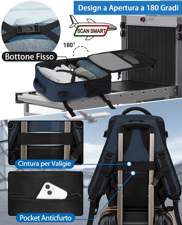 Detalle de KLOSTAIN Zaino Ryanair 40x20x25 da 20L con porta PC 14" – Daypack aereo bagaglio a mano Blu profondo