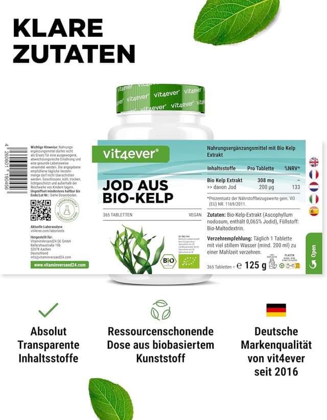Detalle de vit4ever Bio Kelp mit natürlichem Jod (200 µg) – 365 Tabletten, vegan