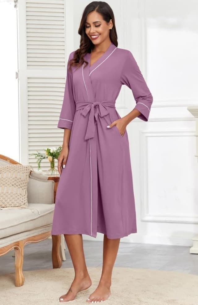 Detalle de Women’s PrinStory kimono-style dressing gown robe with 3/4 sleeves, pockets and fixed belt