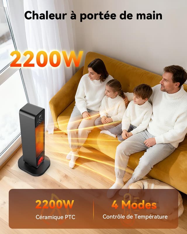 Detalle 2 de Chauffage d’appoint 2200W télécommande, 4 modes, 12H ⛱