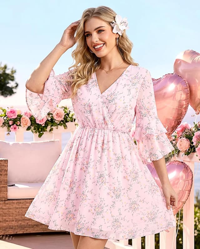 Detalle de Bebonnie Womens Wrap V-Neck Ruffle Sleeve Chiffon Layer Dress