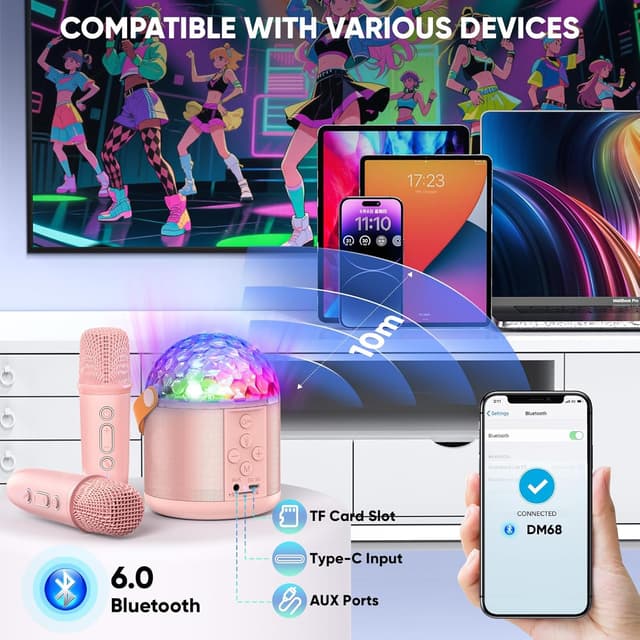 Detalle de Dislocati mini karaoke machine for girls with 2 rechargeable microphones, LED disco lights & Bluetooth streaming