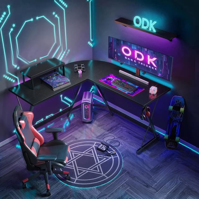 Detalle de ODK L Shaped Gaming Desk with Monitor Stand (127x127x75 cm) – Black