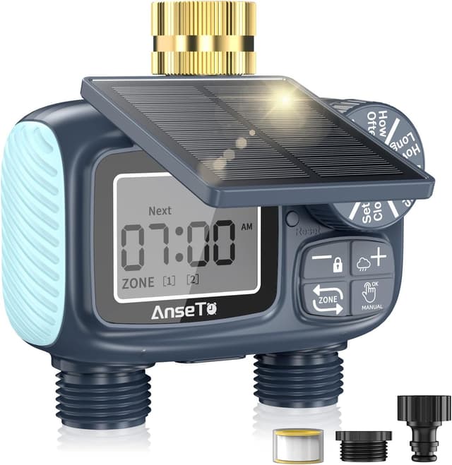 Detalle de AnseTo Timer di Irrigazione Solare con 2 Uscite e pannello regolabile, ricarica USB-C