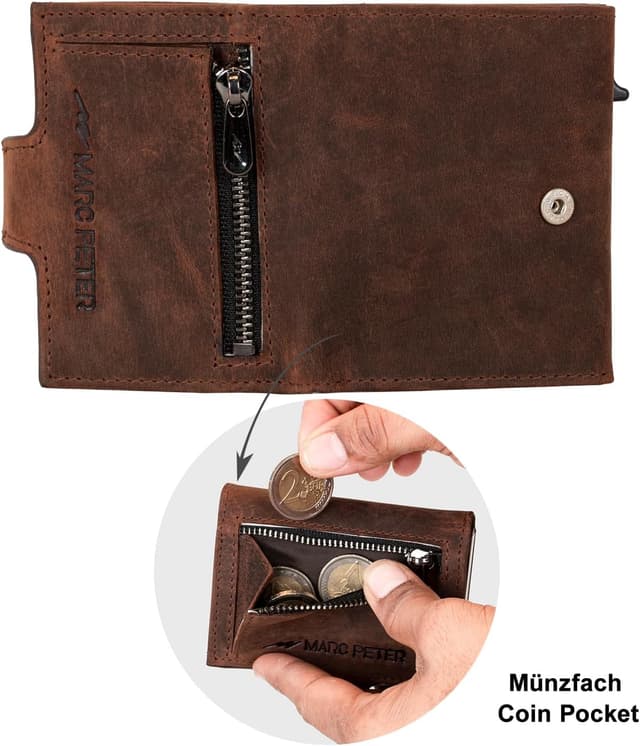 Detalle 2 de Marc Peter Herren-Geldbörse aus Leder mit RFID-Schutz, Münzfach und Slim-Pop-up Kartenetui (Vintage Braun)