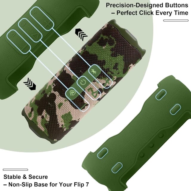 Detalle de Khanka Silicone Protective Cover for JBL Flip 7 with Detachable Shoulder Strap (Army Green) — case only