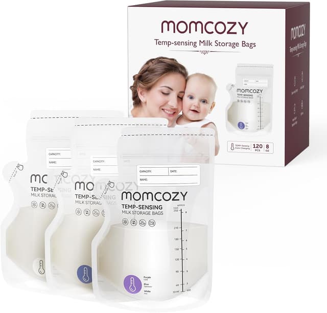 Detalle de momcozy Easy Pour Breastmilk Storage Bags (250ml) with Temp-Sensing Colour Change, 120 Count