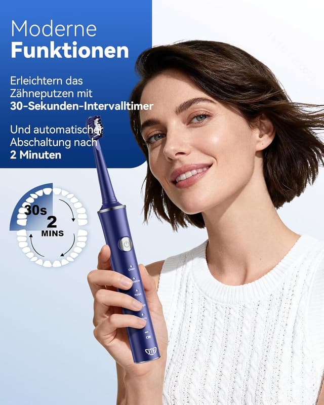Detalle de JTF Elektrische Schallzahnbürste für Erwachsene – 5 Modi, 45 Tage Akkulaufzeit, IPX7 & 8 Bürstenköpfe (Blau)