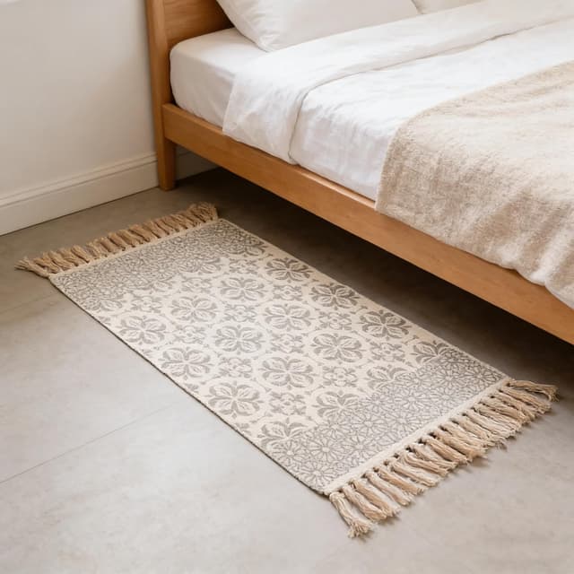 Detalle 2 de MORROWCAMP Boho Cotton Small Rug 58x88 cm with Tassels – Beige Grey Moroccan Floral Style Woven Washable Rug