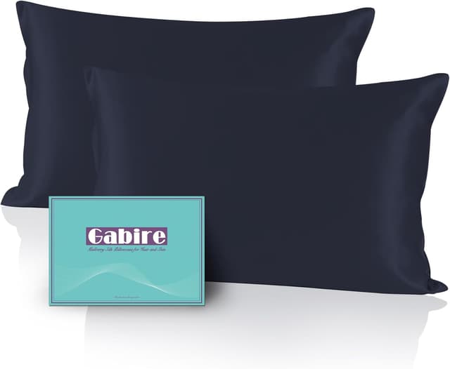 Detalle de Gabire Mulberry Silk Pillowcases Set of 2 (Navy), Hidden Zipper, Standard 20"×26