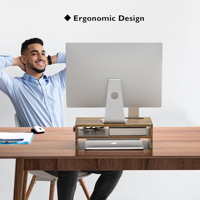 Detalle de BONTEC Wood Monitor Stand Riser with Smartphone Holder (2 tiers) – Rustic Brown