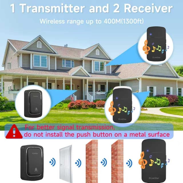 Detalle de ZLinkStar self-powered wireless doorbell kit (black) with 1 transmitter and 2 receivers, IP65, 38 chimes, 5-volume levels, up to 1300 ft range
