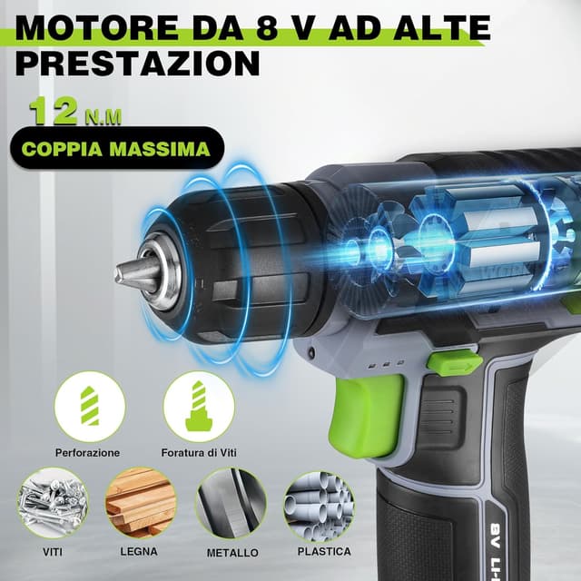 Detalle 2 de WORKPRO Trapano Avvitatore a Batteria 8V Verde Grigio con Mandrino da 10 mm e Accessori (53 pezzi)