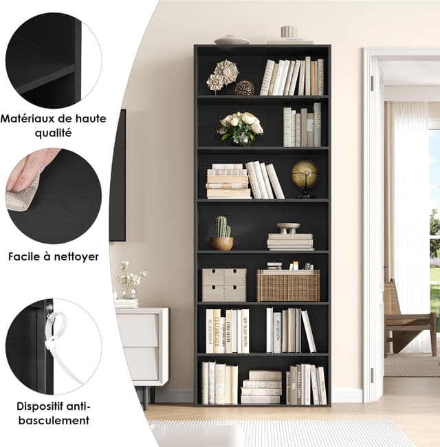 Detalle 2 de FirFurd Bibliothèque étagère de rangement 7 niveaux noir (209,5 x 60 x 23,5 cm)