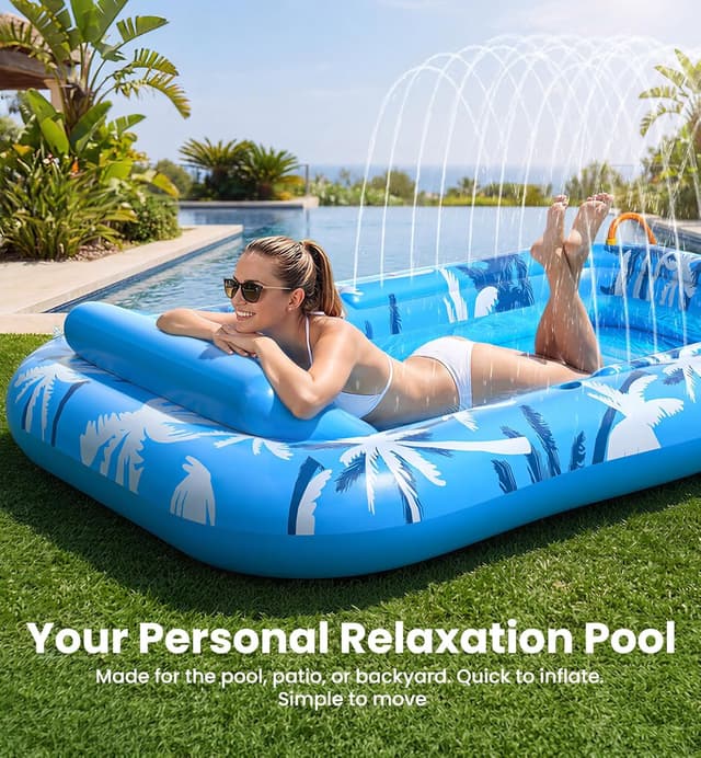 Detalle de X-Large Inflatable Tanning Pool Lounger Float with Sprinkler (Auto Spray Cooling) — Holds up to 2, with Cup Holder