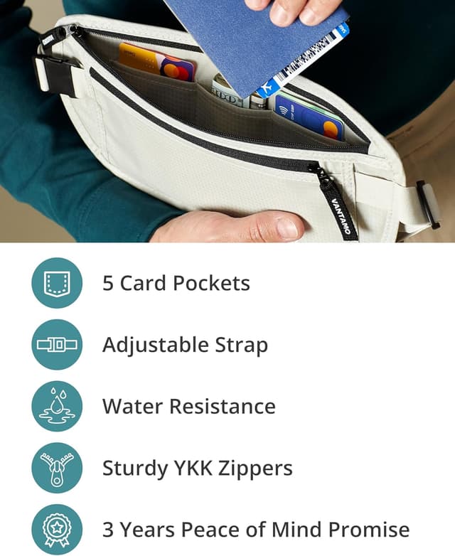 Detalle de Vantamo Bauchtasche Damen/Herren ultraflach mit RFID-Schutz – 2 Fächer, verstellbarer Gurt, für Reisen & Lauf/Wandern