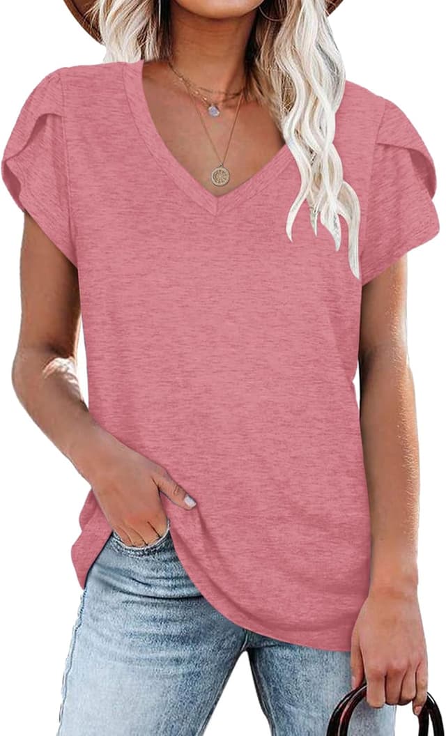 Detalle 2 de NARRAME T-shirt femme à manches courtes et col en V (poliester + spandex) – hauts de loisir d’été S à 3XL