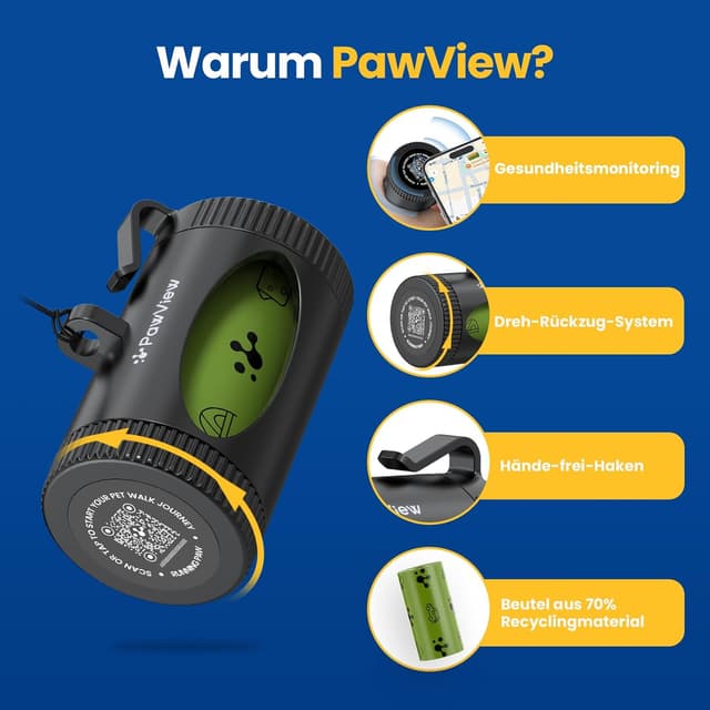 Thumbnail 6 de PawView aufrollbarer Hundekotbeutelspender mit NFC, für Leine & Gürtel – 7 Rollens (105 Stück), extra stark, schwarz