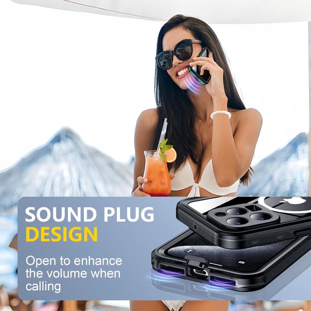 Detalle de Red2Fire Waterproof iPhone 15 Pro Case (6.1") with Built-in Screen & Camera Protection, MagSafe-Compatible (IP68) — Black/Clear